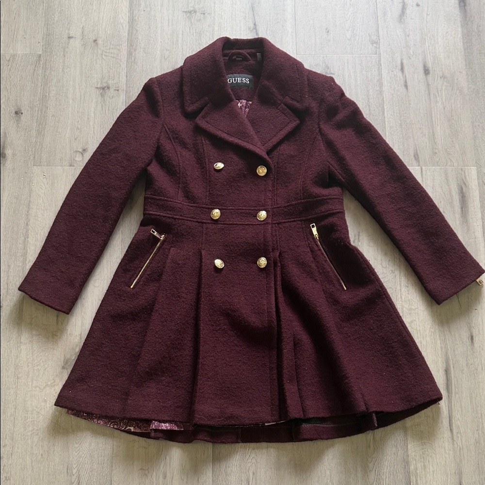 GUESS Burgundy Wool Blend Fit & Flare Coat XL Gold Button Princess Trench